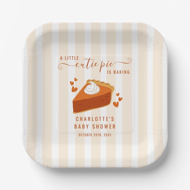 Little Cutie Pie Fall Stripes Pumpkin Baby Shower Paper Plate (Front)