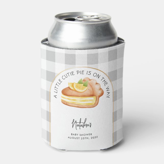 Little Cutie Pie Grey Gingham Plaid Baby Shower Can Cooler (Can Front)