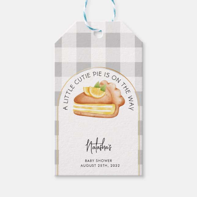 Little Cutie Pie Grey Gingham Plaid Baby Shower Gift Tags (Front)