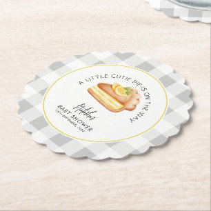 Little Cutie Pie Grey Gingham Plaid Baby Shower Paper Coaster