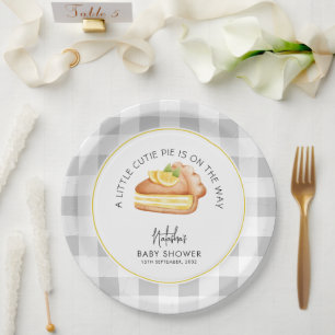 Little Cutie Pie Grey Gingham Plaid Baby Shower Paper Plate