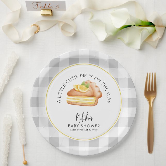 Little Cutie Pie Grey Gingham Plaid Baby Shower Paper Plate (Wedding)