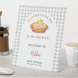 Little Cutie Pie Grey Gingham Plaid Baby Shower Pedestal Sign