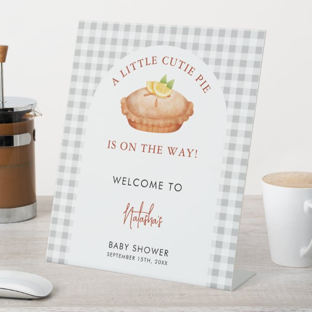 Little Cutie Pie Grey Gingham Plaid Baby Shower Pedestal Sign (In SItu)