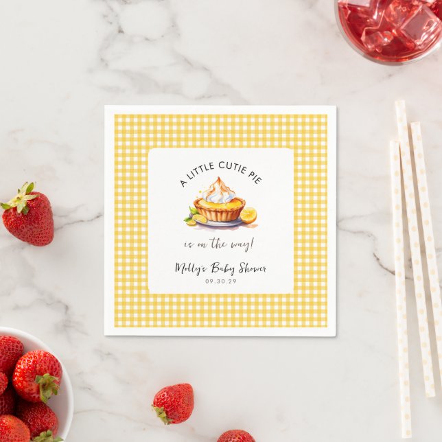 Little Cutie Pie Lemon Gingham Baby Shower Napkins (Insitu)