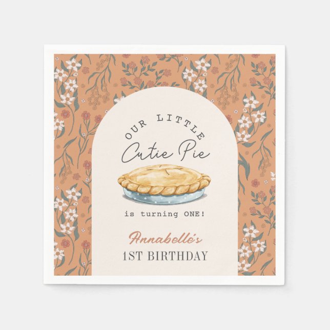 Little Cutie Pie Orange Floral 1st Birthday Napkin (Front)