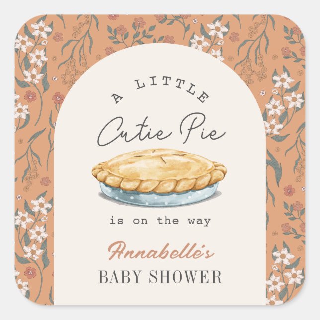 Little Cutie Pie Orange Floral Girl Baby Shower Square Sticker (Front)