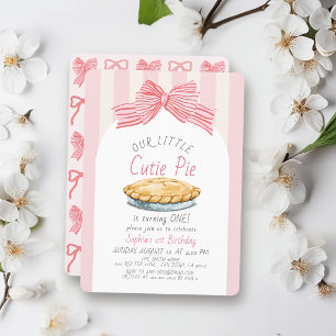 Little Cutie Pie Pink Bow Girl 1st Birthday Invitation