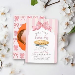Little Cutie Pie Pink Bow Girl Photo 1st Birthday Invitation