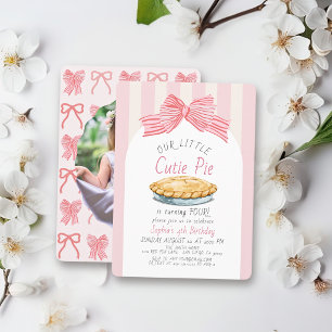 Little Cutie Pie Pink Bow Girl Photo Birthday Invitation