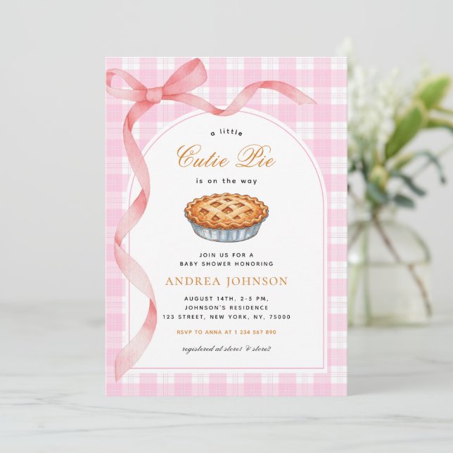 Little Cutie Pie Pink Gingham Bow Girl Baby Shower Invitation (Standing Front)