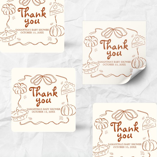 Little Cutie Pie Pumpkin Baby Shower Square Sticker (Hand Drawn Little Cutie Pie Baby Shower Sticker)