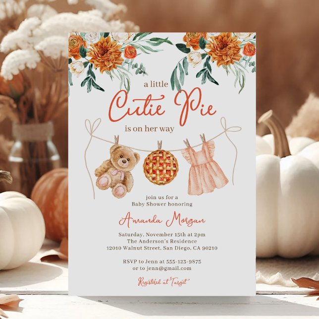 Little Cutie Pie Teddy Bear Fall Girl Baby Shower Invitation (Creator Uploaded)