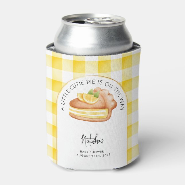 Little Cutie Pie Yellow Gingham Plaid Baby Shower Can Cooler (Can Front)