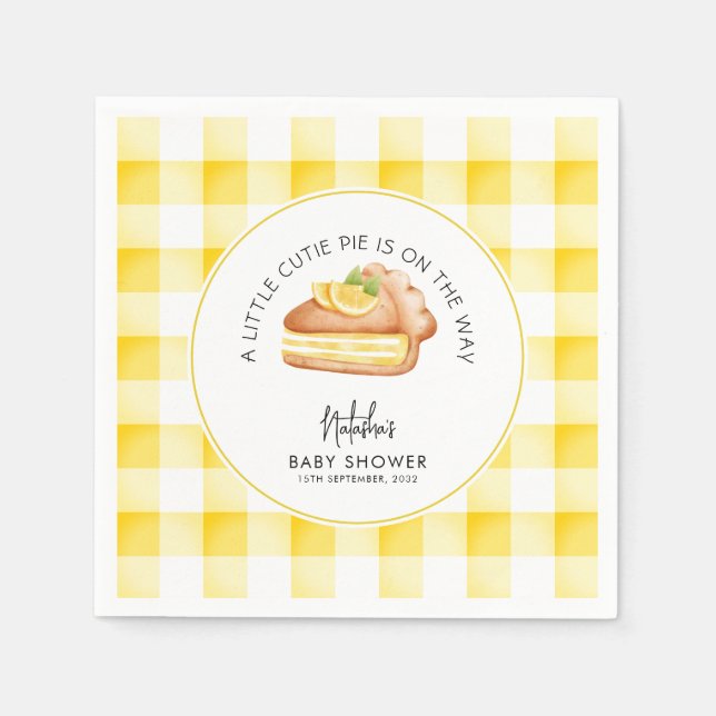 Little Cutie Pie Yellow Gingham Plaid Baby Shower Napkin (Front)