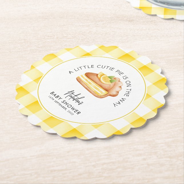 Little Cutie Pie Yellow Gingham Plaid Baby Shower Paper Coaster (Angled)