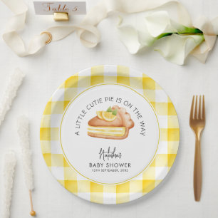 Little Cutie Pie Yellow Gingham Plaid Baby Shower Paper Plate
