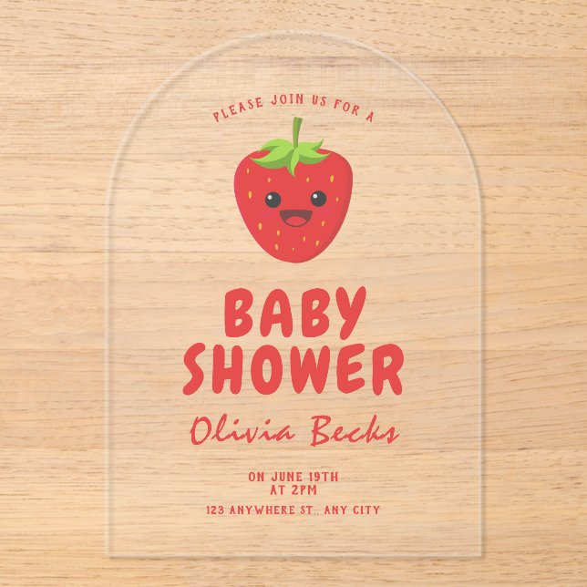 Little Cutie Strawberry Baby Shower  Acrylic Invitations (Front)
