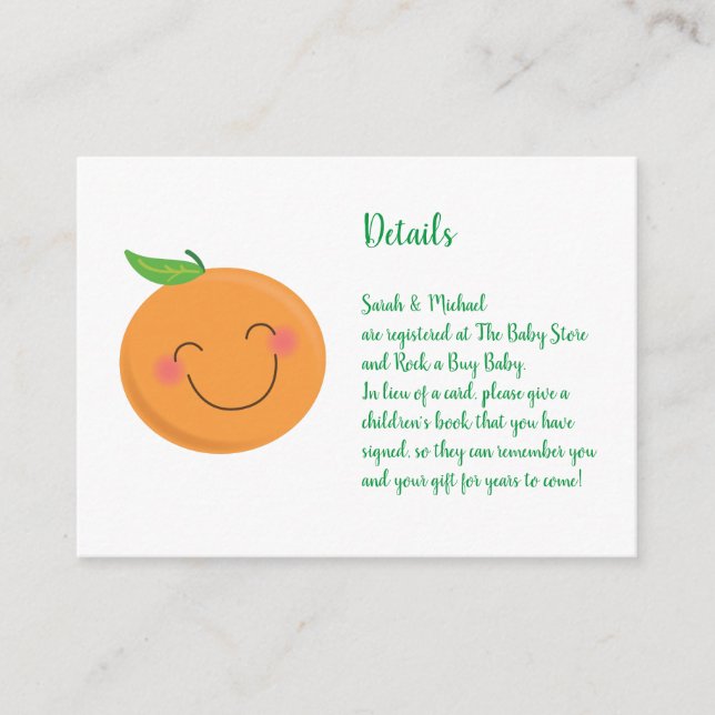 Little Cutie Tangerine Baby Shower Gender Neutral Enclosure Card (Front)