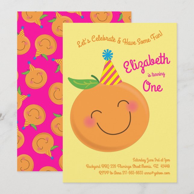 Little Cutie Tangerine Cute Kids 1st Birthday Invitation (Front/Back)