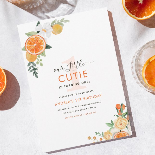 Little Cutie Watercolor Citrus Floral 1st Birthday Invitation (Creator Uploaded)