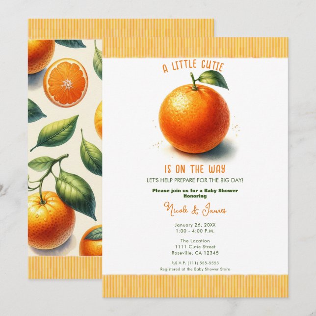 Little Cutie Watercolor Orange Baby Shower Invitation (Front/Back)