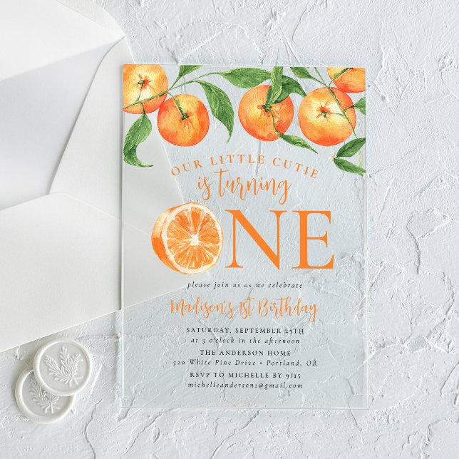 Little Cutie Watercolor Oranges 1st Birthday Acrylic Invitations (Creator Uploaded)