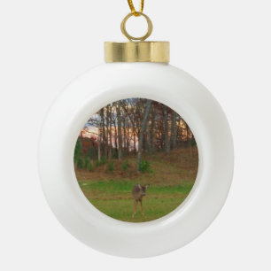 Little Deer & a Pink SunSet Ceramic Ball Christmas Ornament