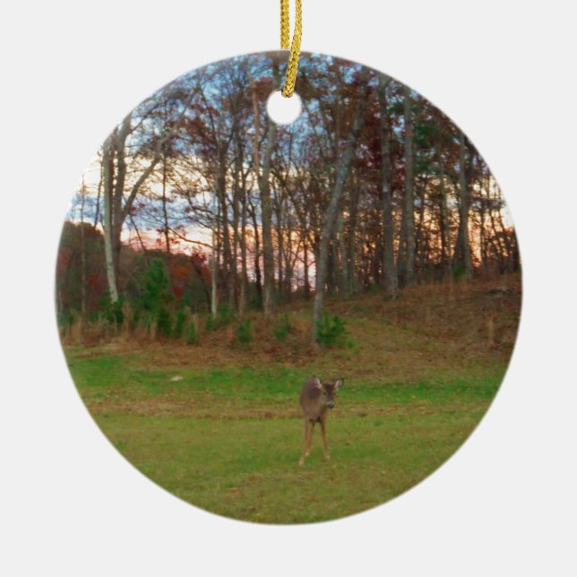 Little Deer &a Pink Sunset Ceramic Tree Decoration (Front)