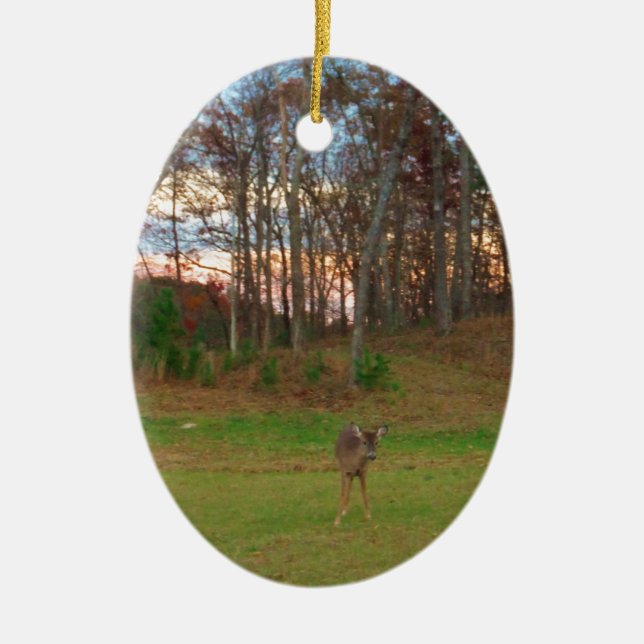 Little Deer &a Pink Sunset Ceramic Tree Decoration (Front)