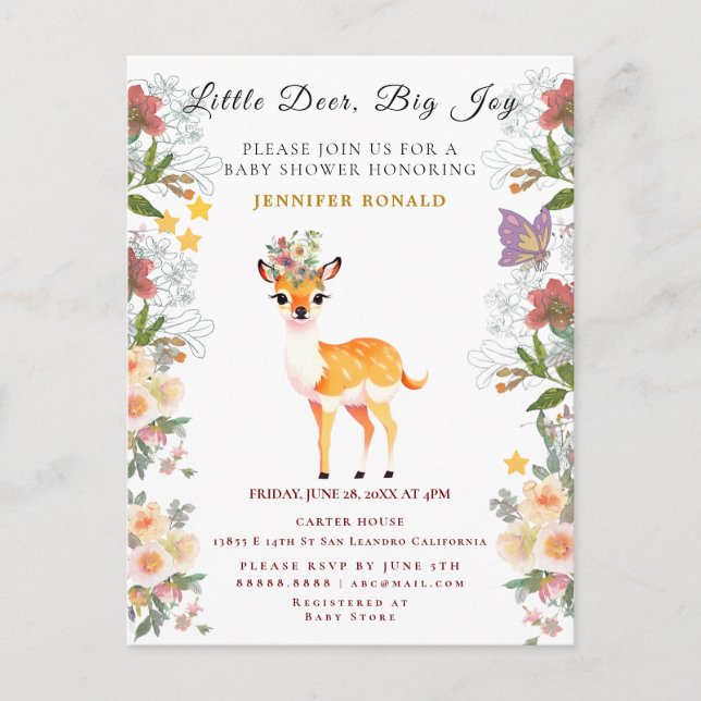 Little deer, Big Joy Pink flower Baby Shower theme Invitation Postcard (Front)