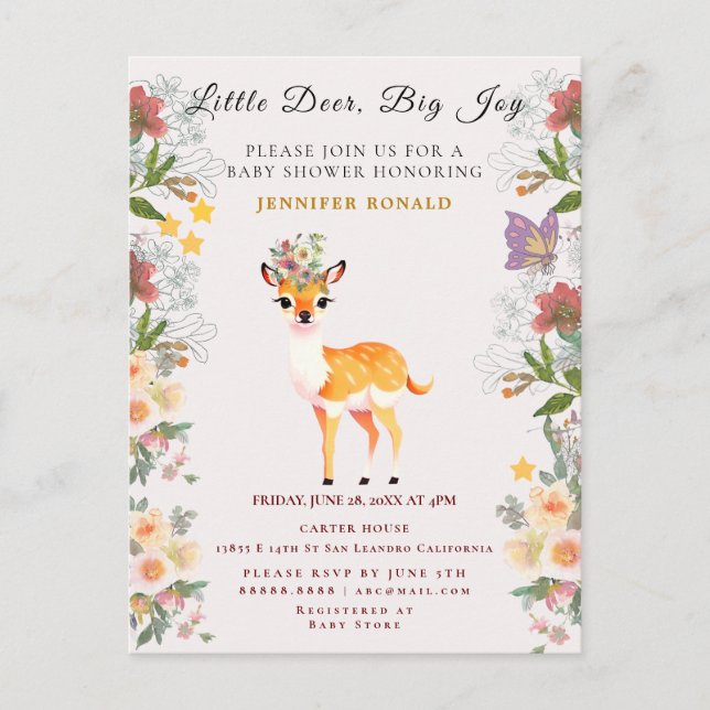 Little Deer, Big Joy Pink Flowers and Butterfly Invitation Postcard (Front)