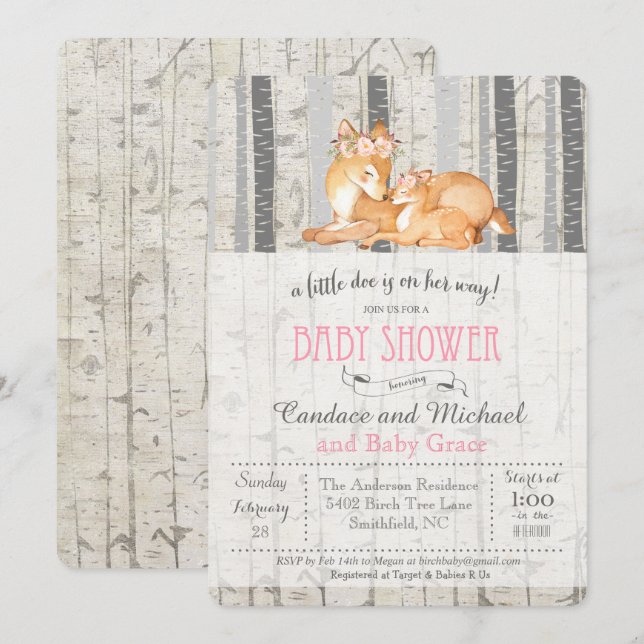Little Deer Birch Girl Baby Shower Invitation (Front/Back)