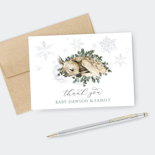 Little Deer Blue and Green Woodland Baby Shower Thank You Card (Creator Uploaded)