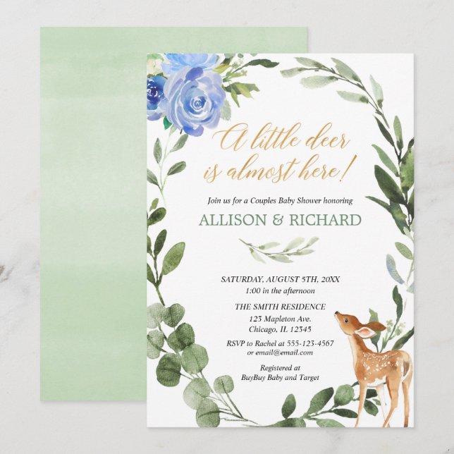 Little deer blue gold baby boy couples shower invitation (Front/Back)