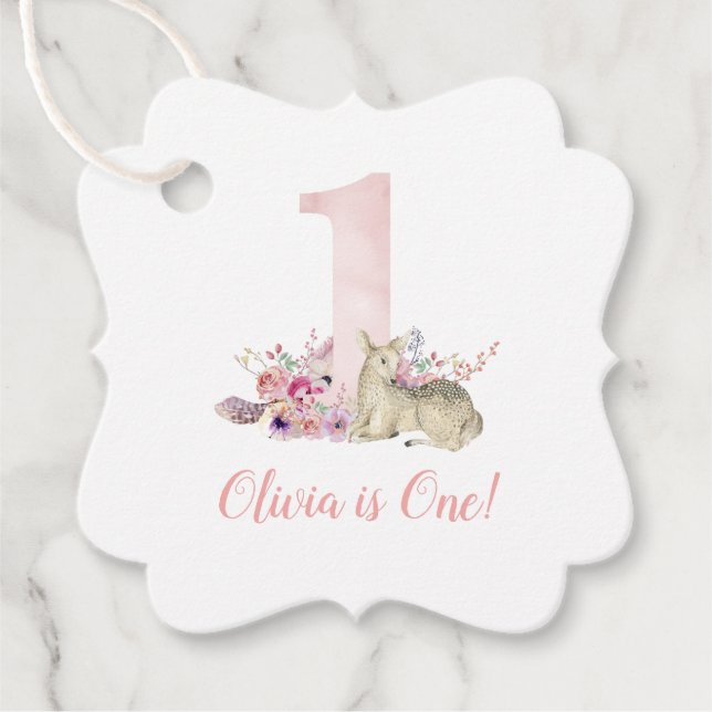 Little Deer First Birthday Party Favour Tag (Front)