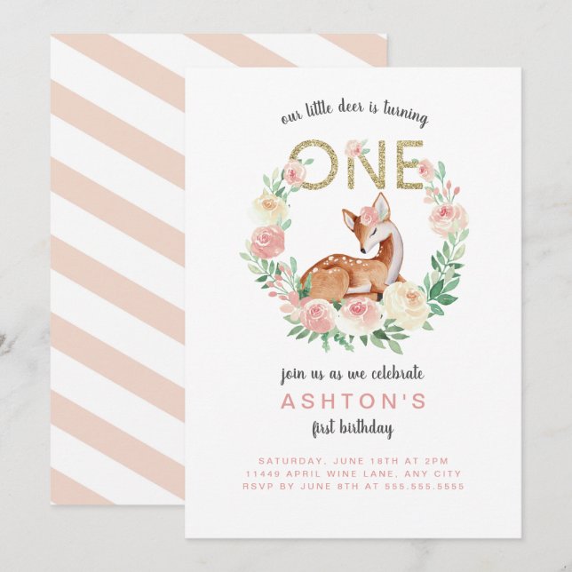 Little Deer first birthday party invitation (Front/Back)