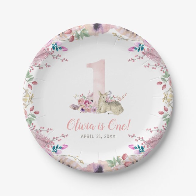 Little Deer First Birthday Party Personalised Paper Plate (Front)