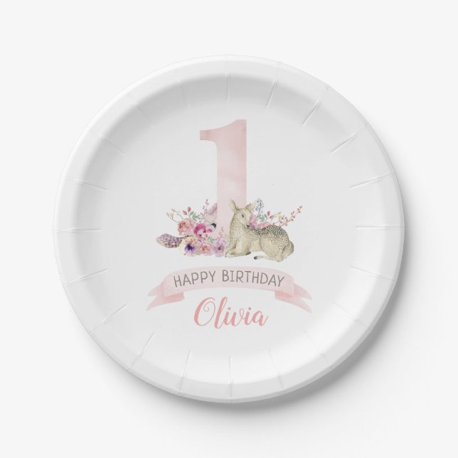 Little Deer First Birthday Party Personalised Paper Plate (Front)