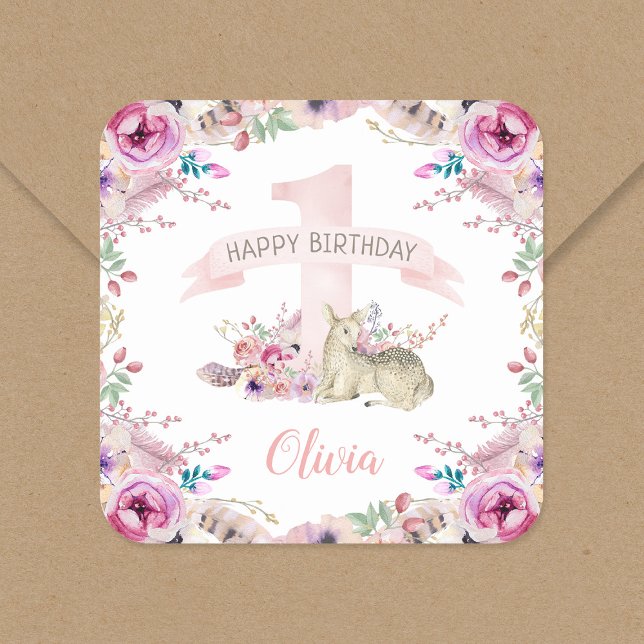 Little Deer First Birthday Party Personalised Square Sticker (Creator Uploaded)