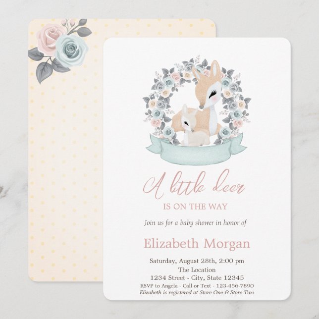 Little Deer Flowers Watercolor Baby Shower Invitation (Front/Back)