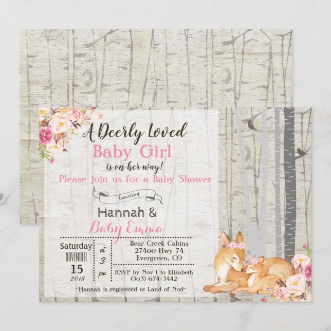 Little Deer Girl Floral Baby Shower Invitation (Front/Back)