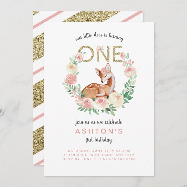Little Deer is turning ONE birthday party Invitation (Front/Back)