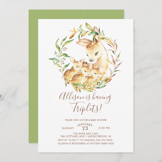 Little Deer Triplets Baby Shower Invitations (Front/Back)