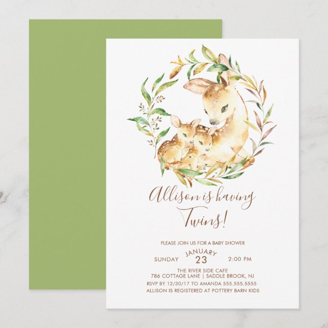 Little Deer Twins Baby Shower Invitations (Front/Back)