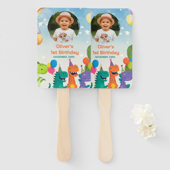 Little Dino 1st Birthday Set of Fans (Front and Back)