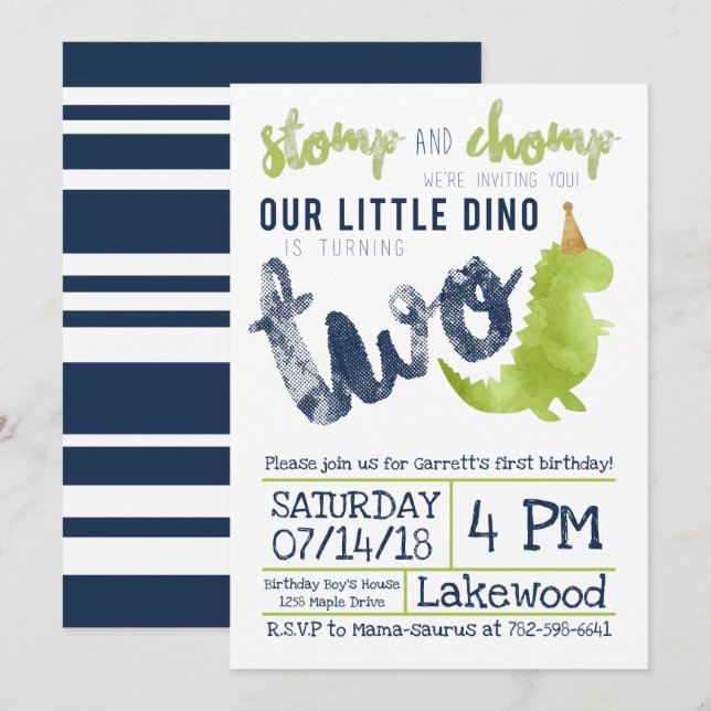 Little Dino 2nd Birthday Dinosaur theme Boy Navy  Invitation (Front/Back)
