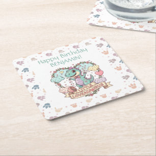 Little Dino Birthday Personalized Square Paper Coaster