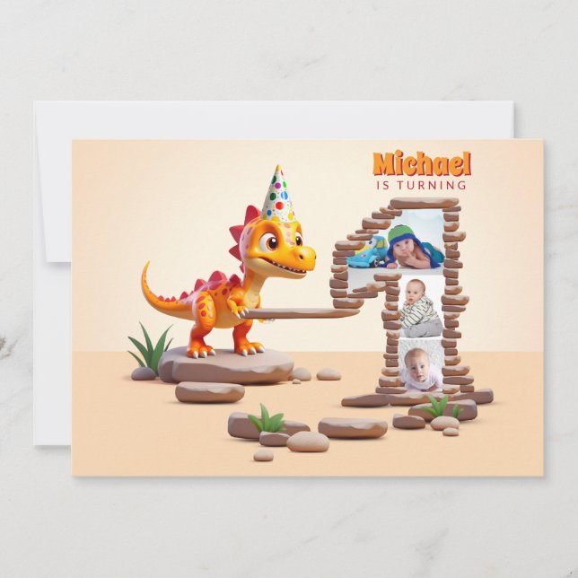 Little Dino Dragon | 1st Birthday Big Number Photo Invitation (Front)