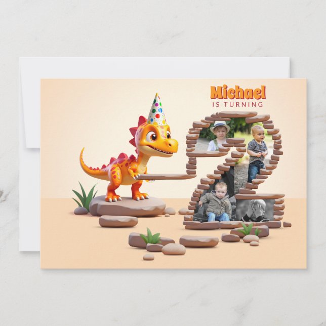 Little Dino Dragon | 2nd Birthday Big Number Photo Invitation (Front)